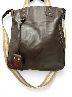 Bally Teniro Brown Leather Tote Crossbody Bag Canvas Strap 2 Way Business Travel